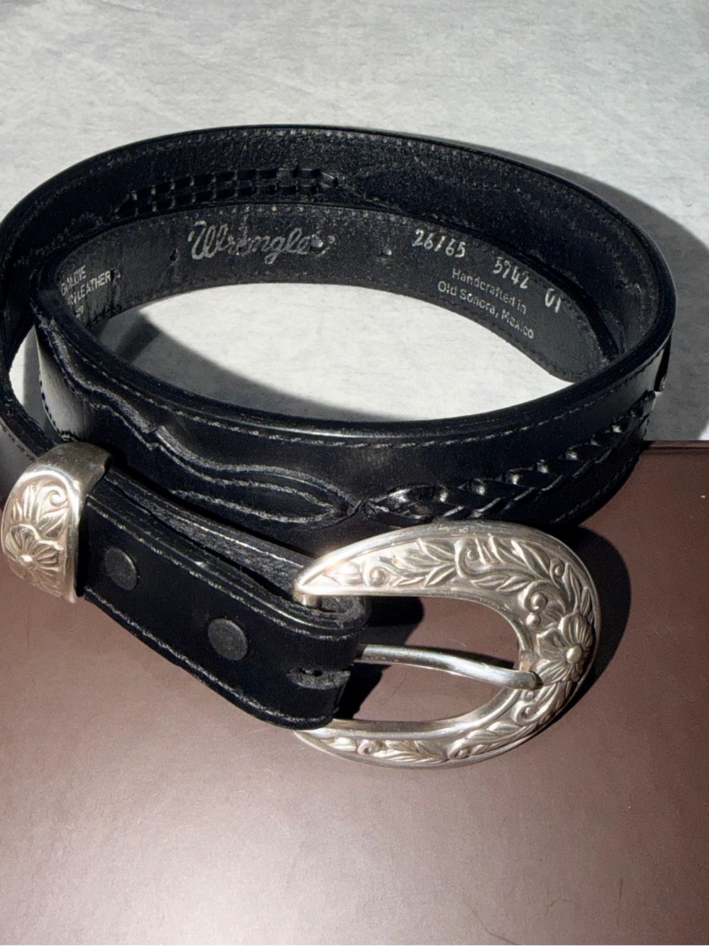 Vintage Wrangler Leather Western Belt Handcrafted Old Sonora Mexico Black 26/65